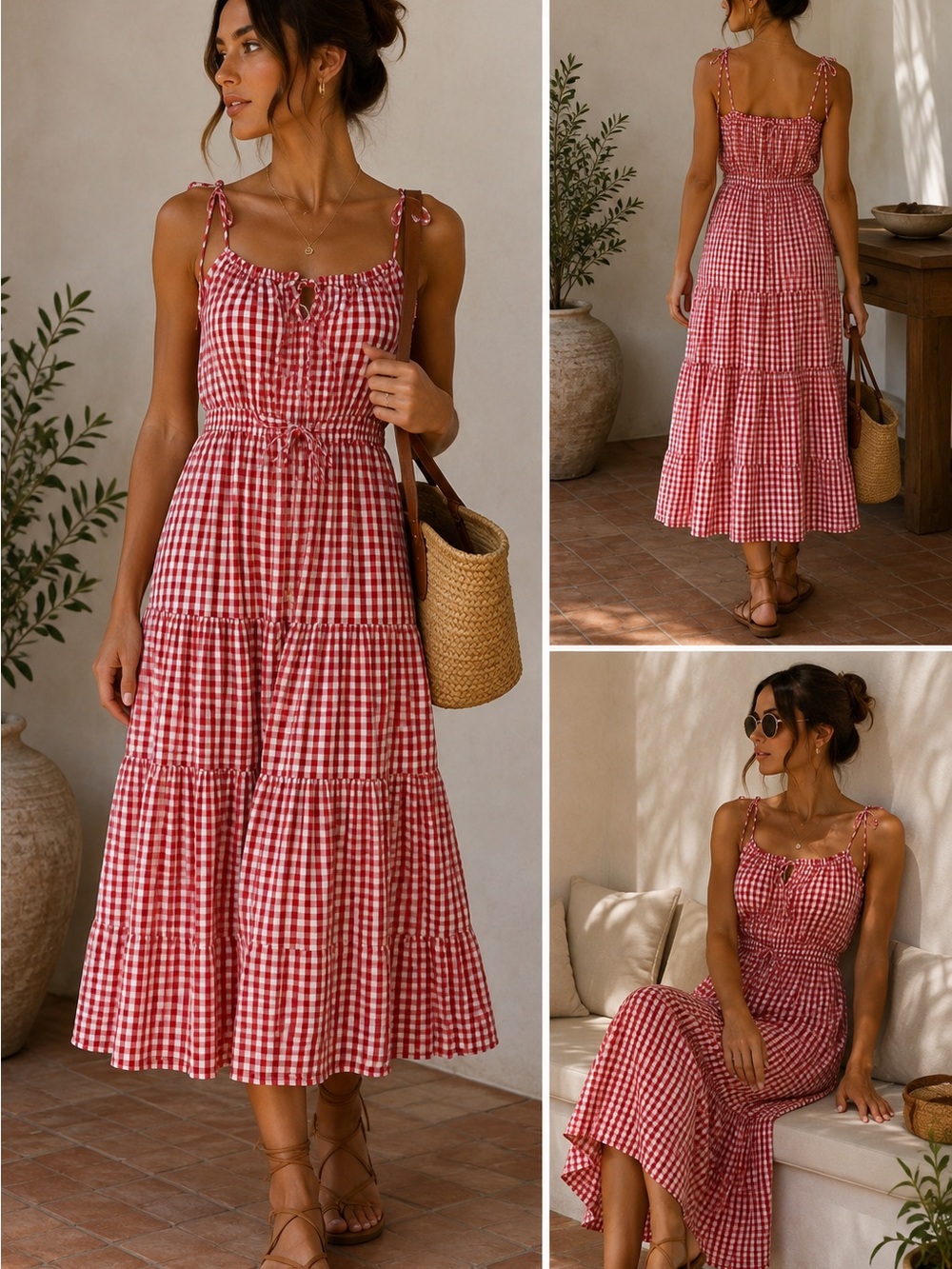 Women’s Red Gingham Tiered Midi Dress with Tie Straps